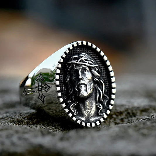 Christian Jesus Ring Mens Crown of Thorns Cross - Stainless Steel Silver - Unisex - That Rock Aesthetic