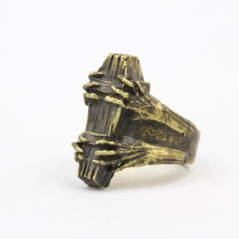 Coffin Zombie Horror Mens Halloween Ring - Silver & Gold - Unisex - Adjustable - That Rock Aesthetic