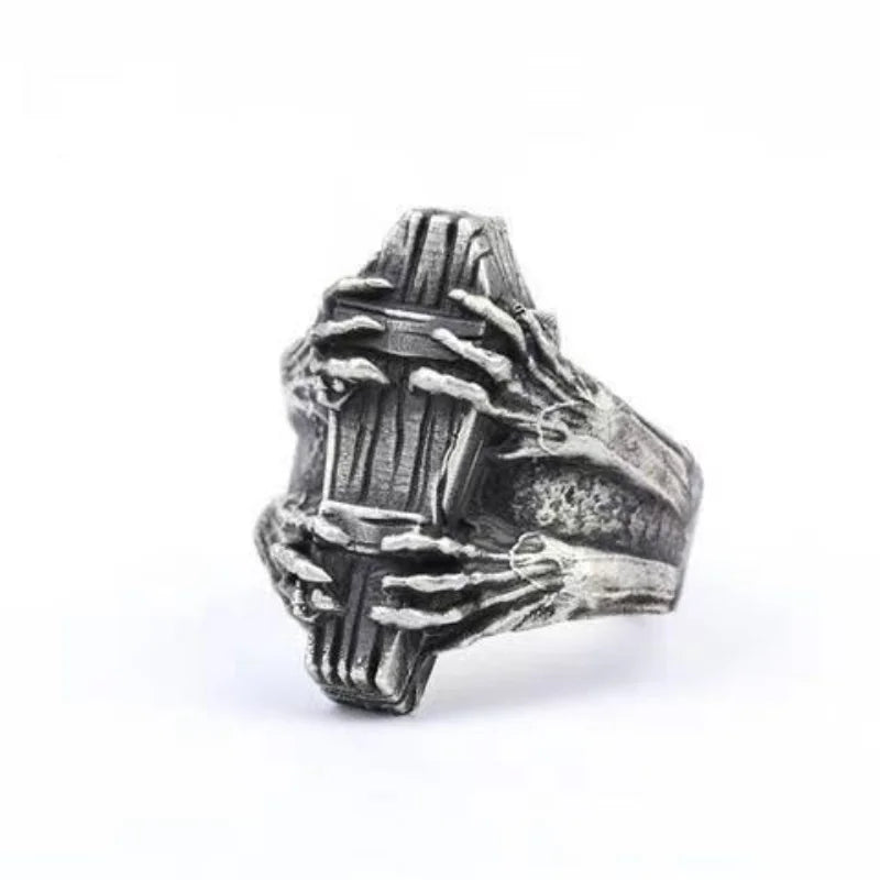Coffin Zombie Horror Mens Halloween Ring - Silver & Gold - Unisex - Adjustable - That Rock Aesthetic