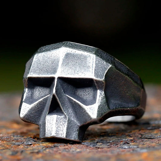 Cyberpunk Geometric Skull Ring Mens - Stainless Steel Silver - Unisex - That Rock Aesthetic