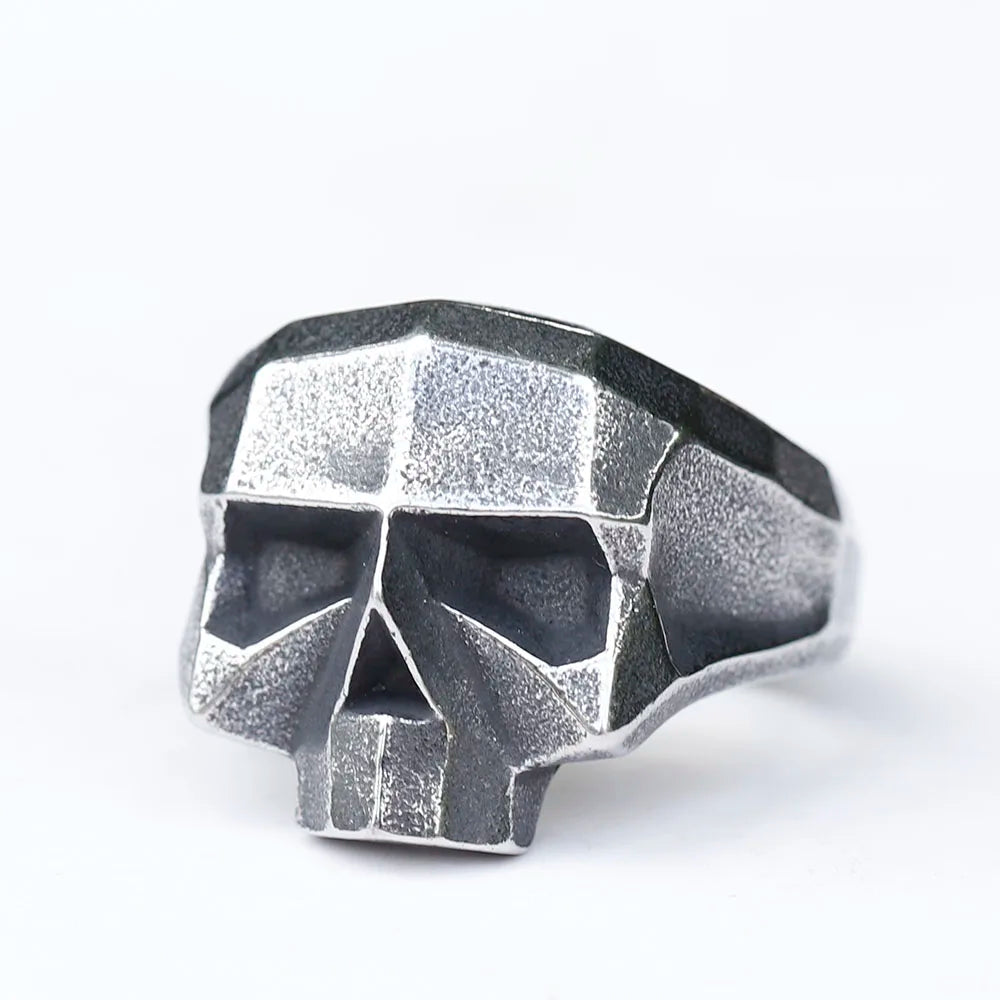 Cyberpunk Geometric Skull Ring Mens - Stainless Steel Silver - Unisex - That Rock Aesthetic