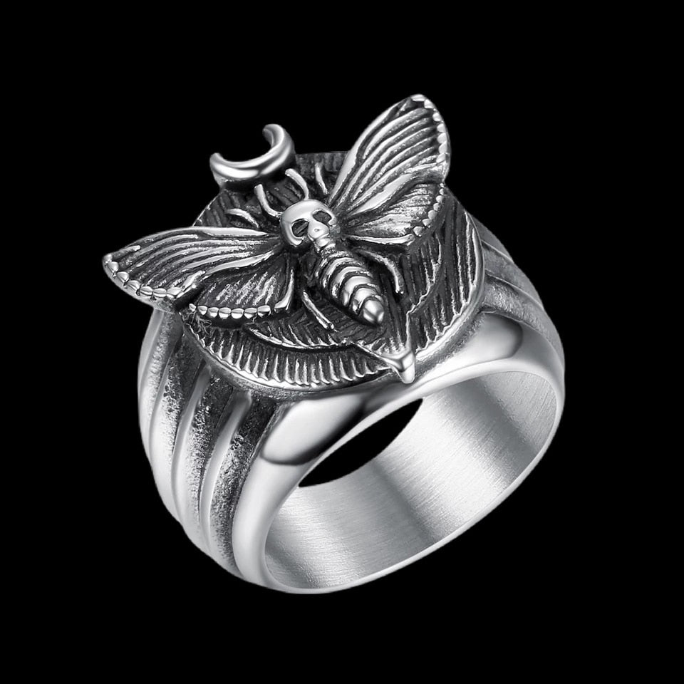 Moon Skull Moth Death's Head Ring Mens - Silver - Unisex - That Rock Aesthetic