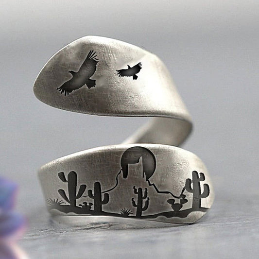 Eagle Cactus Desert Western Ring - Silver - Unisex - Adjustable - That Rock Aesthetic
