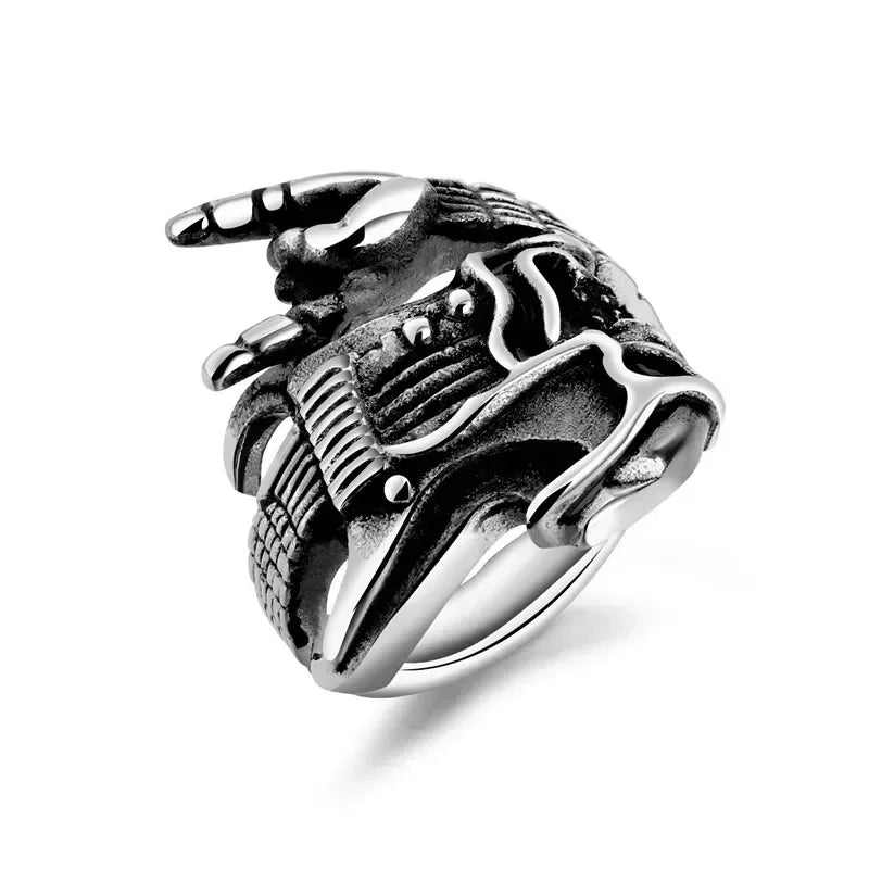 Devil Horn Wraparound Mens Electric Guitar Ring - Silver - Unisex - Adjustable - That Rock Aesthetic