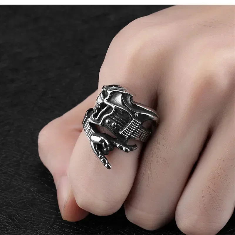 Devil Horn Wraparound Mens Electric Guitar Ring - Silver - Unisex - Adjustable - That Rock Aesthetic