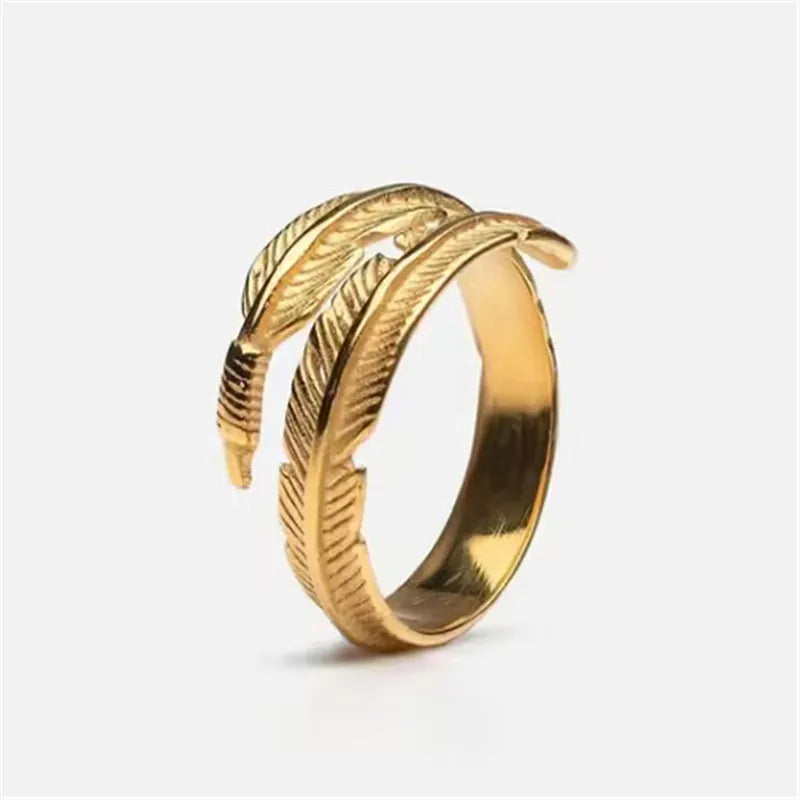 Feather Wraparound Ring - Stainless Steel Silver & Gold - Unisex - Adjustable - That Rock Aesthetic