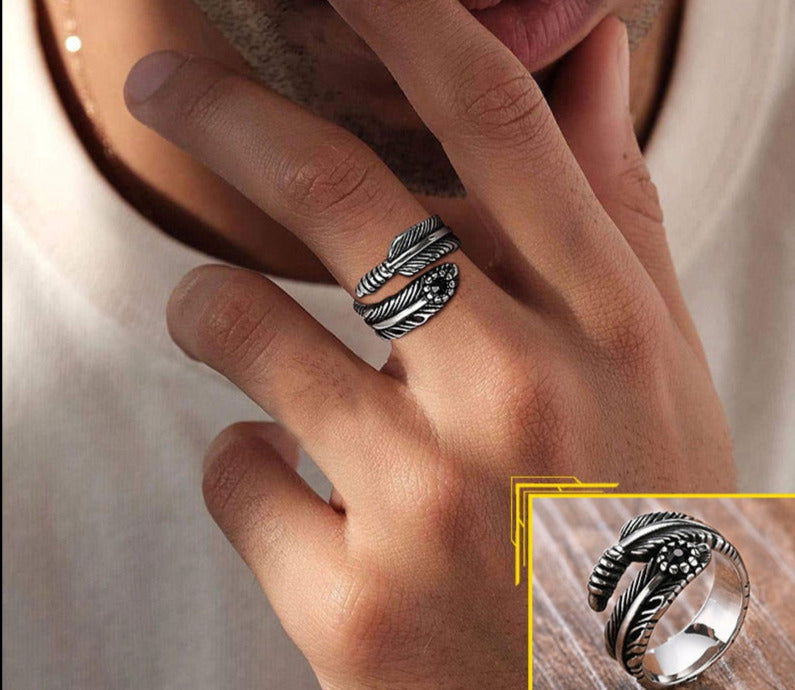 Black Gemstone Feather Ring Mens - Stainless Steel Silver - Unisex - Adjustable - That Rock Aesthetic