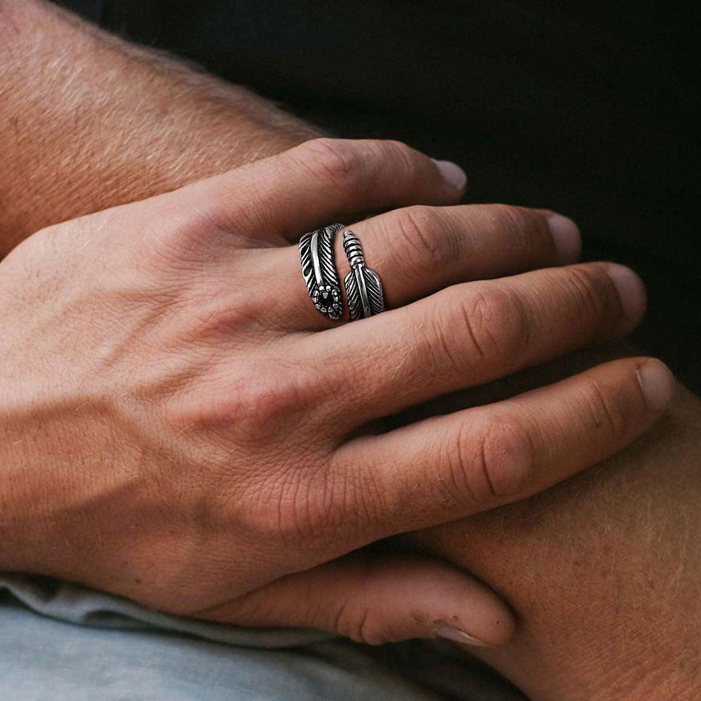 Black Gemstone Feather Ring Mens - Stainless Steel Silver - Unisex - Adjustable - That Rock Aesthetic