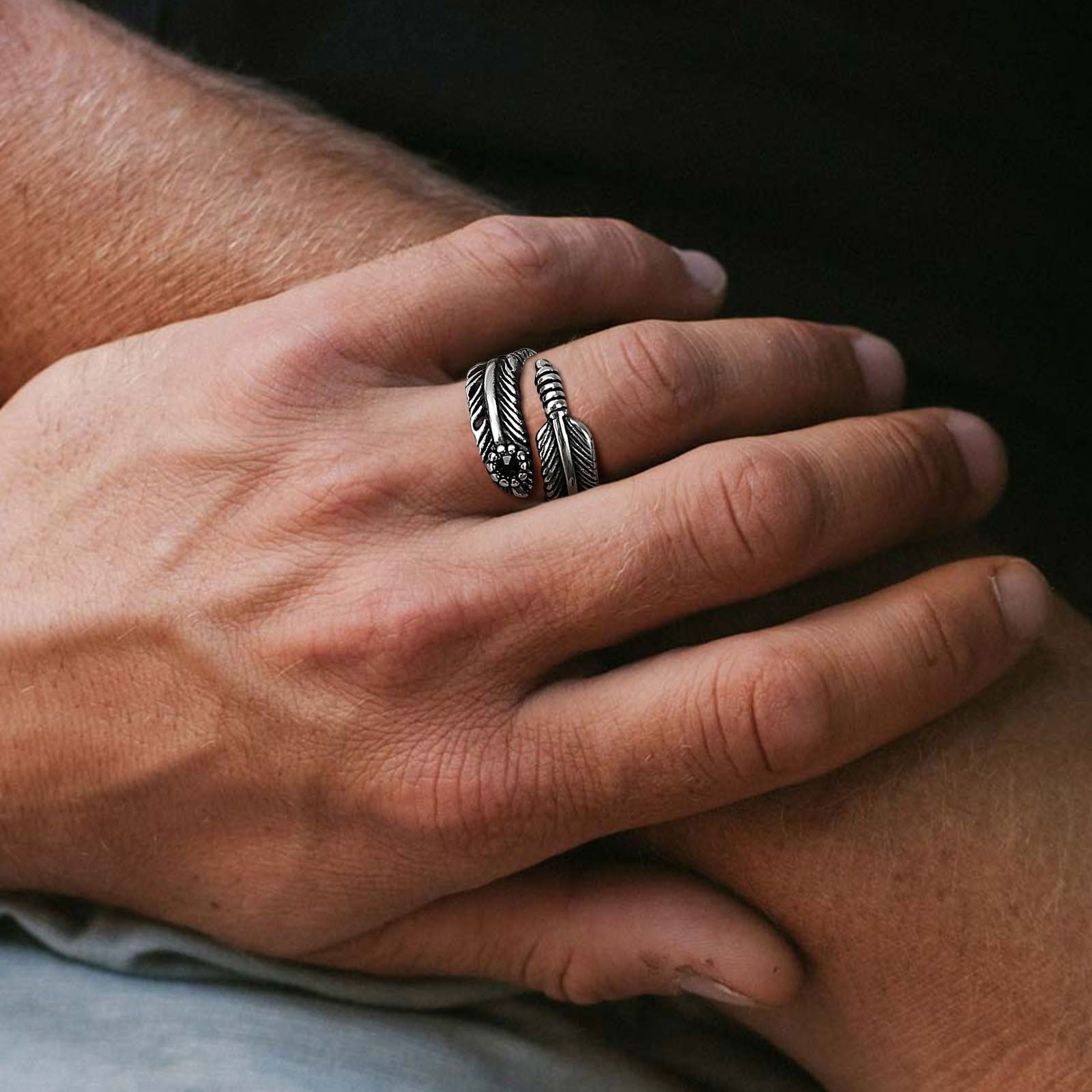 Black Gemstone Feather Ring Mens - Stainless Steel Silver - Unisex - Adjustable - That Rock Aesthetic