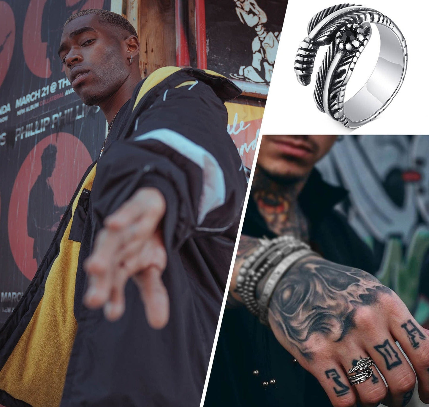 Black Gemstone Feather Ring Mens - Stainless Steel Silver - Unisex - Adjustable - That Rock Aesthetic