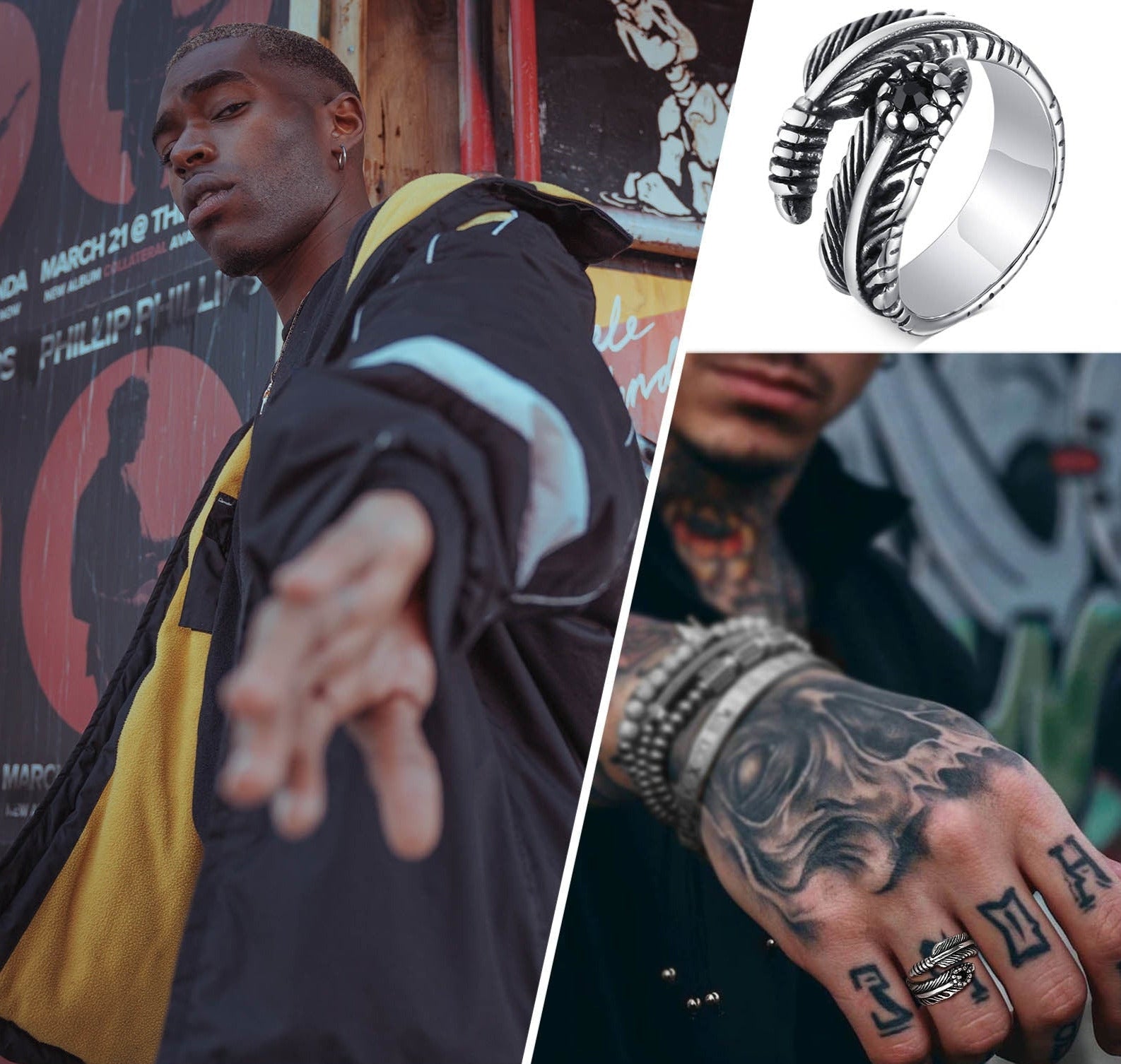 Black Gemstone Feather Ring Mens - Stainless Steel Silver - Unisex - Adjustable - That Rock Aesthetic