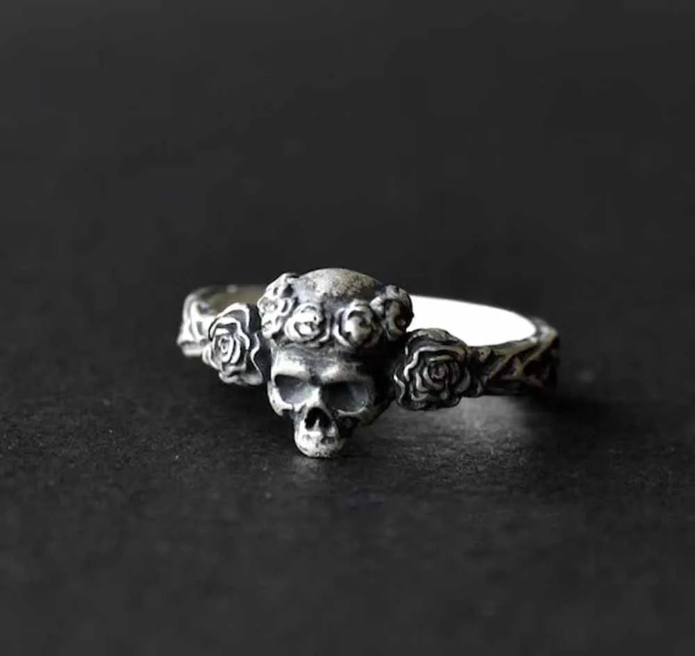 Flowers Roses Skull Ring Gothic Boho - Stainless Steel Silver - Unisex - That Rock Aesthetic