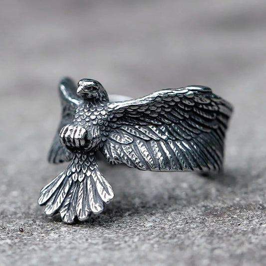 Flying Eagle Ring Mens Wraparound Wings - Stainless Steel Silver - Unisex - That Rock Aesthetic