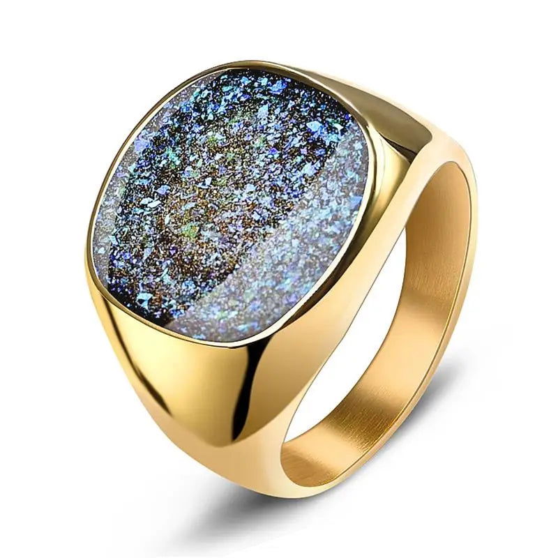 Galaxy Blue Sandstone Ring Mens Gemstone - Stainless Steel Silver & Gold - Unisex - That Rock Aesthetic
