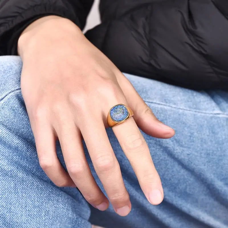 Galaxy Blue Sandstone Ring Mens Gemstone - Stainless Steel Silver & Gold - Unisex - That Rock Aesthetic