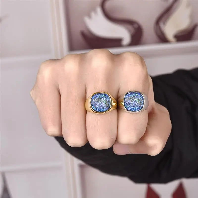 Galaxy Blue Sandstone Ring Mens Gemstone - Stainless Steel Silver & Gold - Unisex - That Rock Aesthetic
