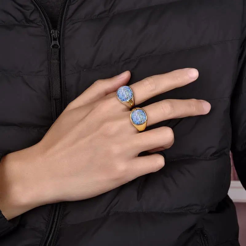 Galaxy Blue Sandstone Ring Mens Gemstone - Stainless Steel Silver & Gold - Unisex - That Rock Aesthetic