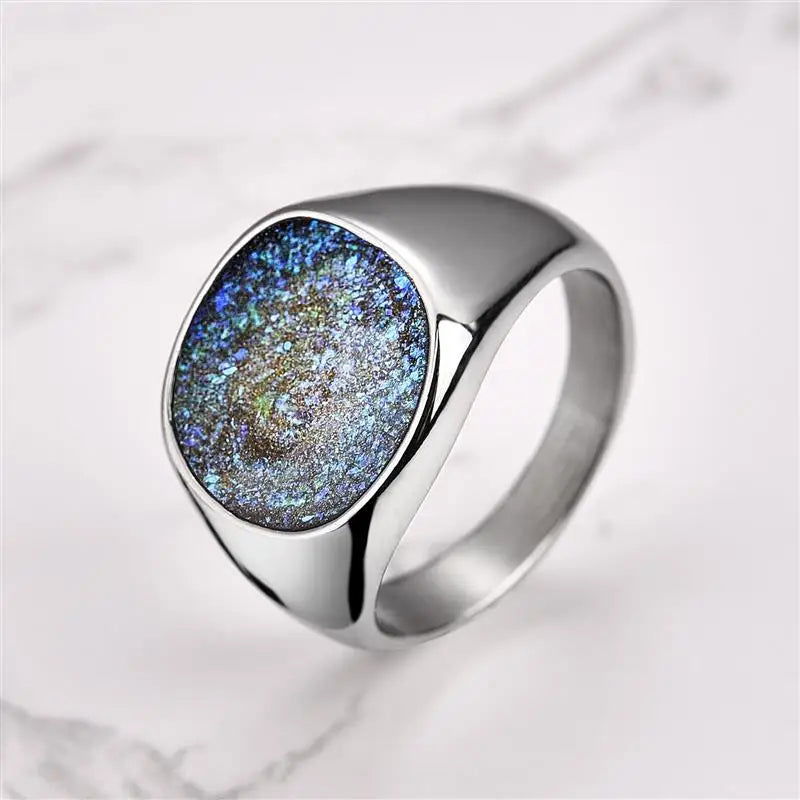 Galaxy Blue Sandstone Ring Mens Gemstone - Stainless Steel Silver & Gold - Unisex - That Rock Aesthetic