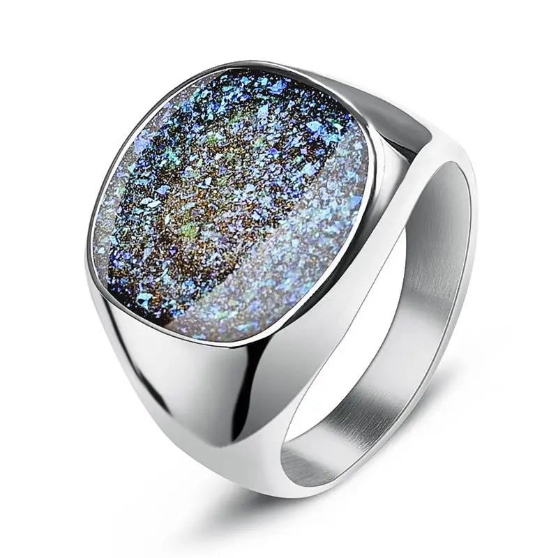 Galaxy Blue Sandstone Ring Mens Gemstone - Stainless Steel Silver & Gold - Unisex - That Rock Aesthetic