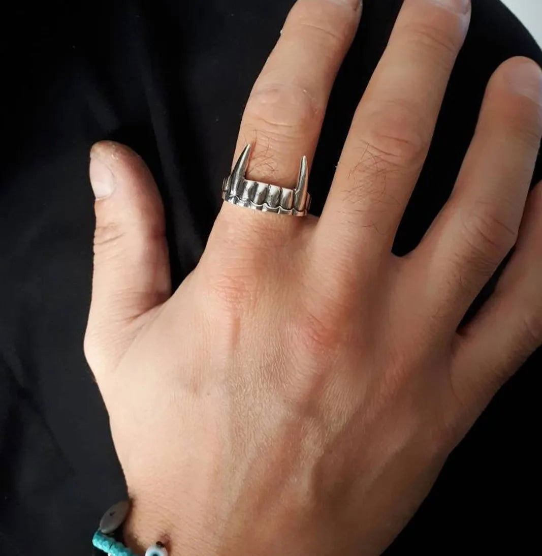 Gothic Dracula Vampire Fangs Ring Mens - Silver - Unisex - Adjustable - That Rock Aesthetic