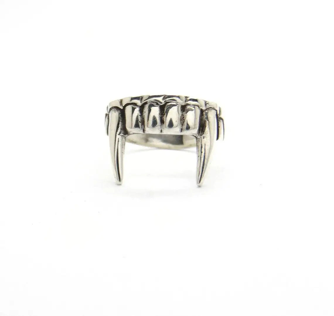 Gothic Dracula Vampire Fangs Ring Mens - Silver - Unisex - Adjustable - That Rock Aesthetic