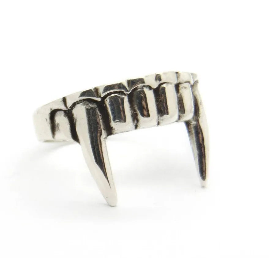 Gothic Dracula Vampire Fangs Ring Mens - Silver - Unisex - Adjustable - That Rock Aesthetic