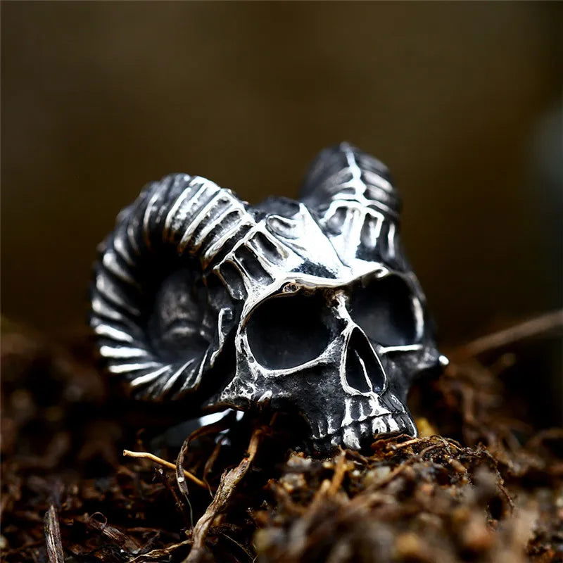 Gothic Goat Skull Mens Ring - Stainless Steel Silver - Unisex - That Rock Aesthetic