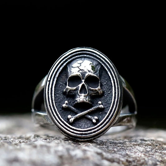 Gothic Mens Skull & Crossbones Signet Ring - Stainless Steel Silver - Unisex - That Rock Aesthetic
