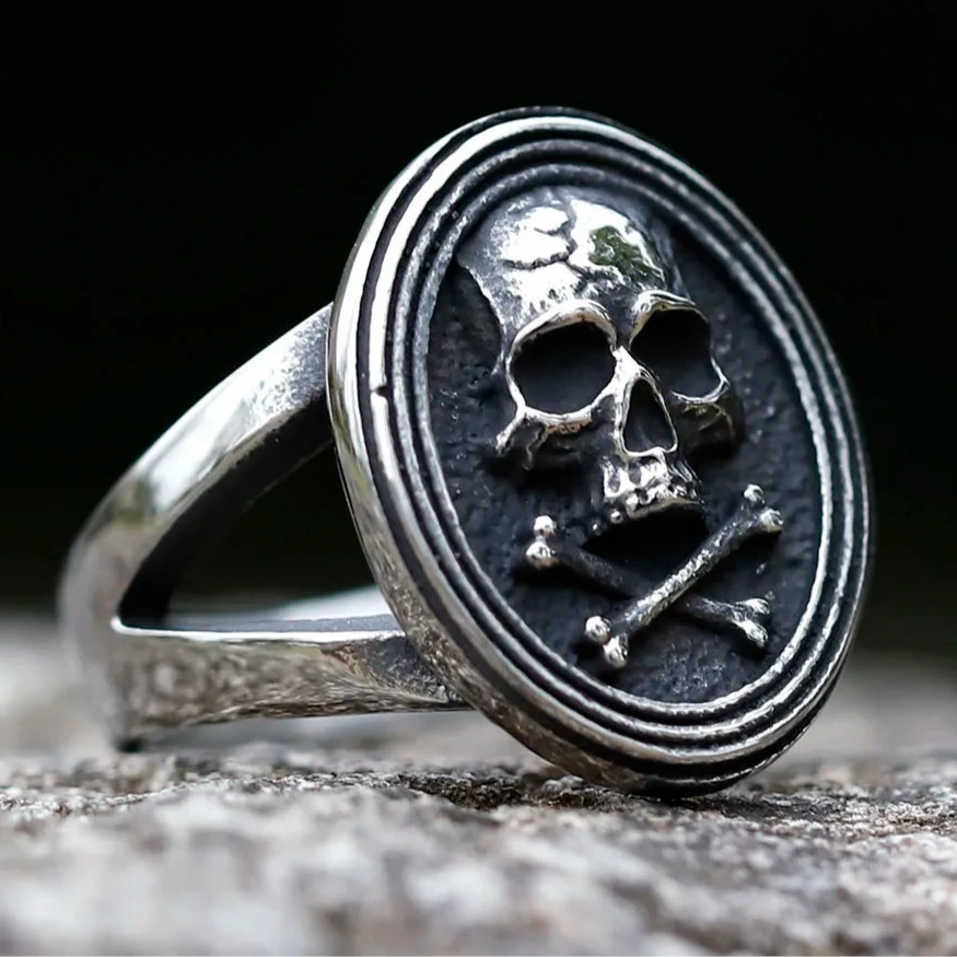 Gothic Mens Skull & Crossbones Signet Ring - Stainless Steel Silver - Unisex - That Rock Aesthetic