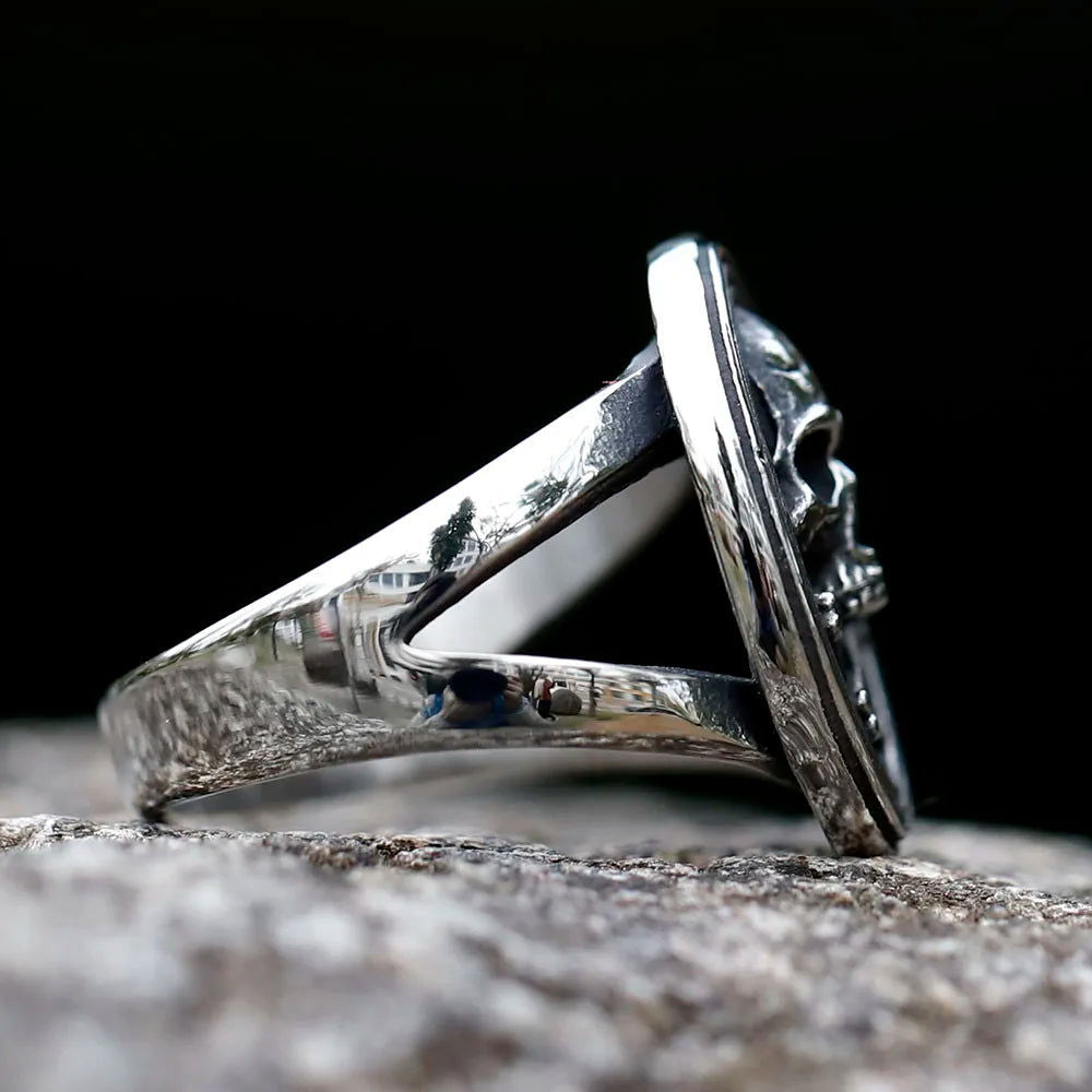 Gothic Mens Skull & Crossbones Signet Ring - Stainless Steel Silver - Unisex - That Rock Aesthetic