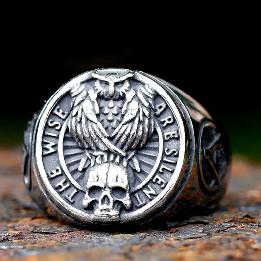 Gothic Owl Skull Signet Ring Mens - Stainless Steel Silver - Unisex - That Rock Aesthetic