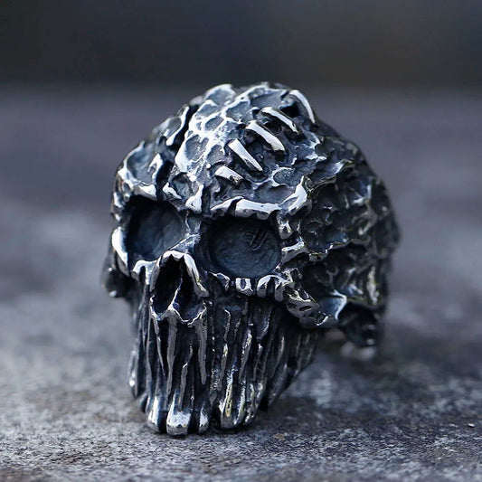 Gothic Punk Zombie Stitches Skull Ring Mens - Stainless Steel Silver - Unisex - That Rock Aesthetic