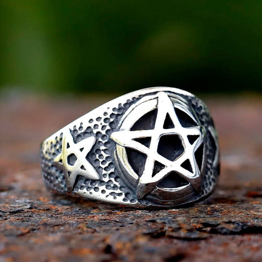 Gothic Satanic Pentagram Ring Mens - Titanium Steel Silver - Unisex - That Rock Aesthetic