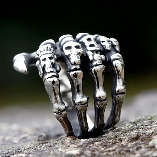 Gothic Skull Skeleton Hand Ring Mens - Stainless Steel Silver - Unisex - That Rock Aesthetic