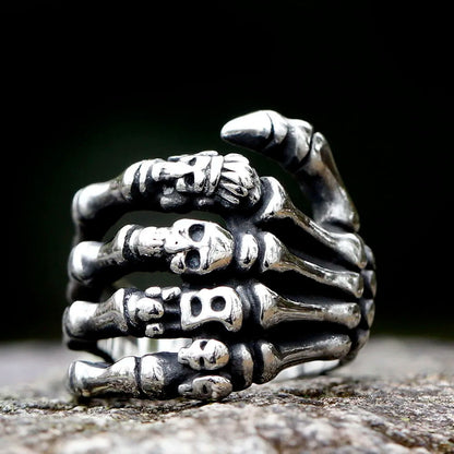 Gothic Skull Skeleton Hand Ring Mens - Stainless Steel Silver - Unisex - That Rock Aesthetic