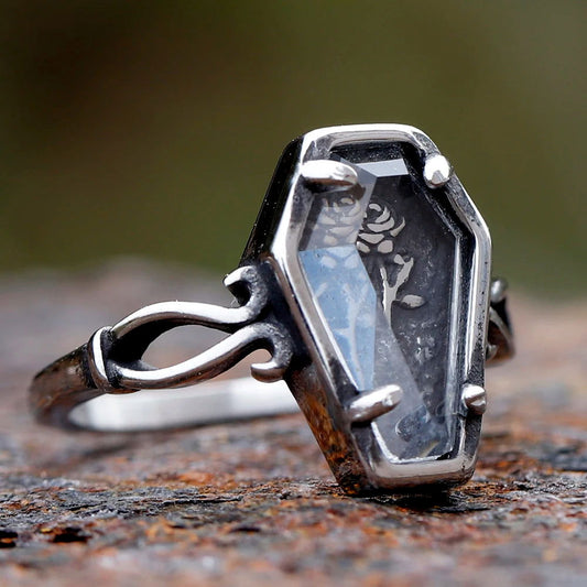 Gothic Valentines Rose Coffin Ring - Titanium Steel Silver - Unisex - That Rock Aesthetic