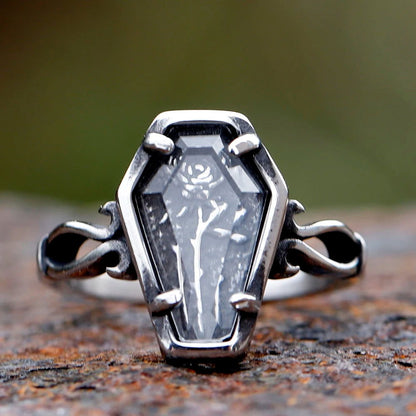 Gothic Valentines Rose Coffin Ring - Titanium Steel Silver - Unisex - That Rock Aesthetic