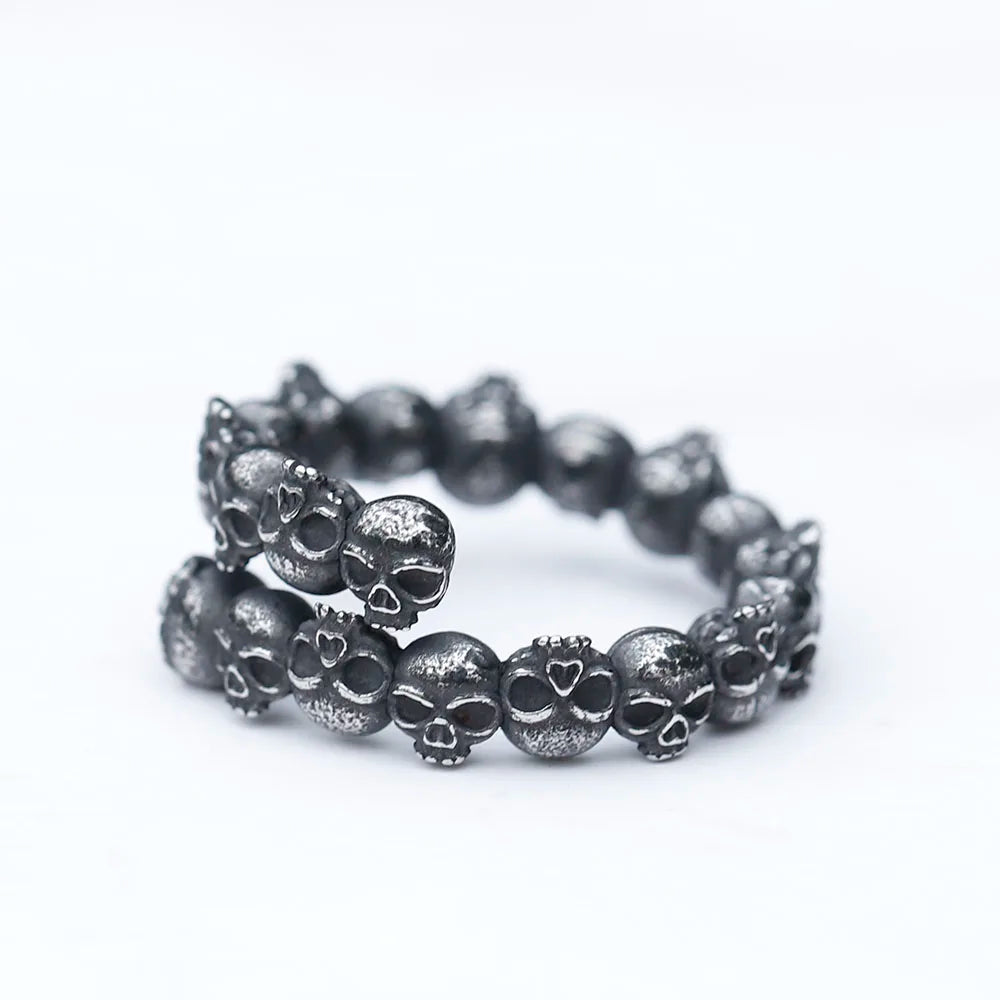 Gothic Wraparound Band of Skulls Ring Mens - Titanium Steel Silver - Unisex - That Rock Aesthetic