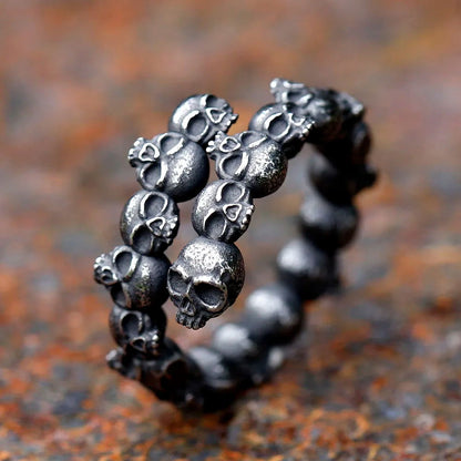 Gothic Wraparound Band of Skulls Ring Mens - Titanium Steel Silver - Unisex - That Rock Aesthetic