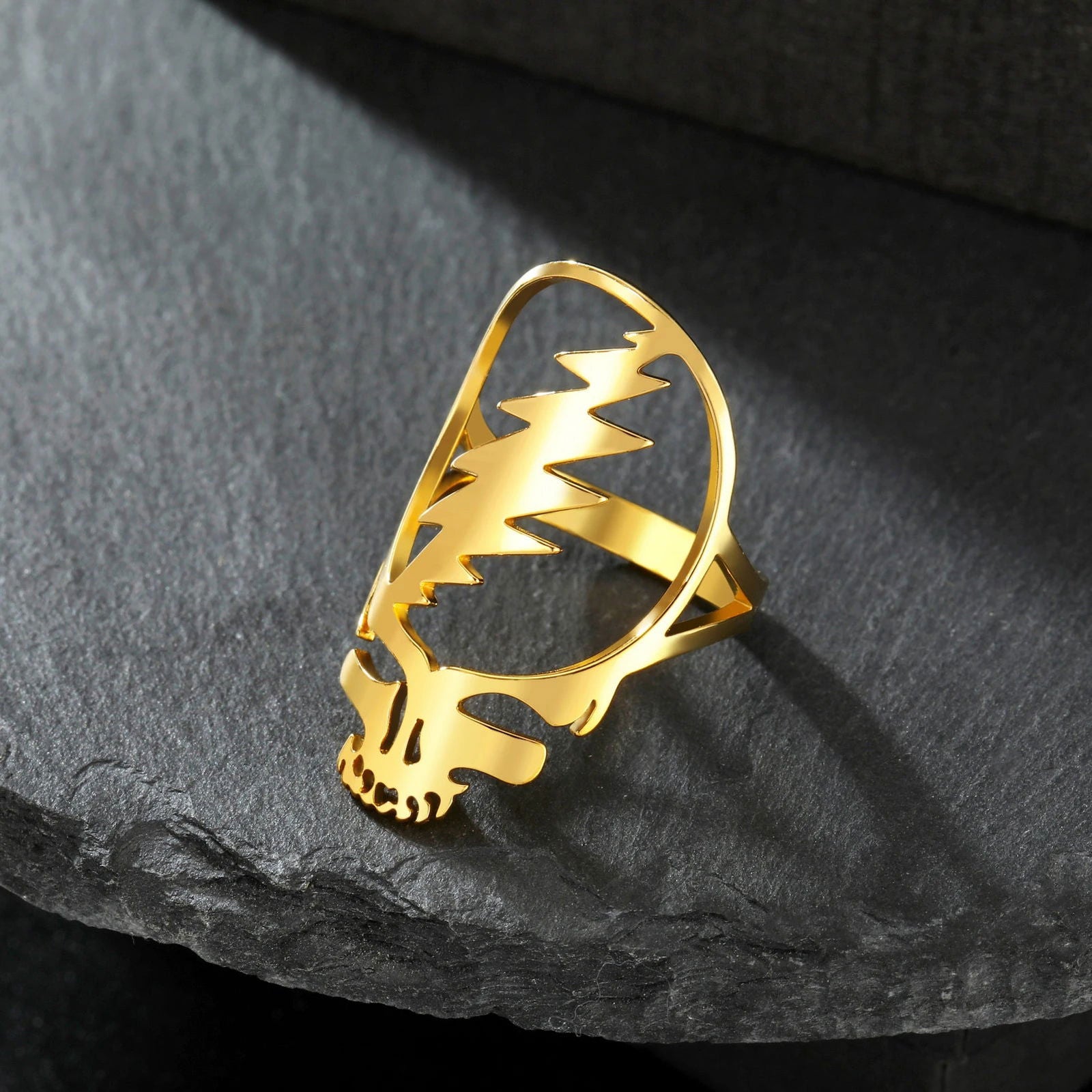 Grateful Dead Ring Lightning Skull Steal Your Face Logo Rock Band Music Ring - Stainless Steel Silver & Gold - Unisex - That Rock Aesthetic