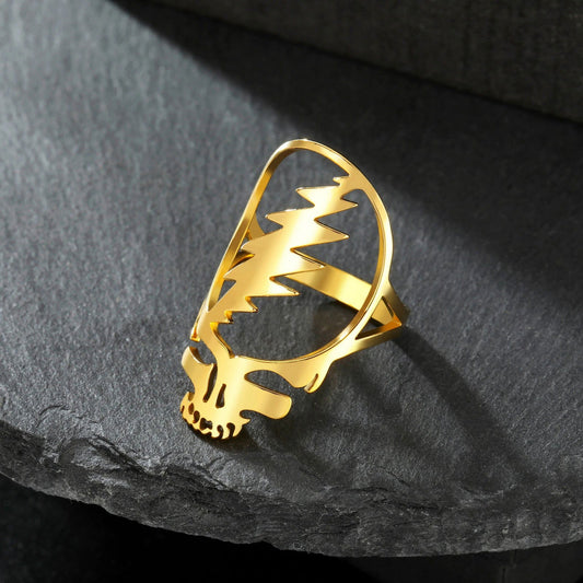 Grateful Dead Ring Lightning Skull Steal Your Face Logo Rock Band Music Ring - Stainless Steel Silver & Gold - Unisex - That Rock Aesthetic