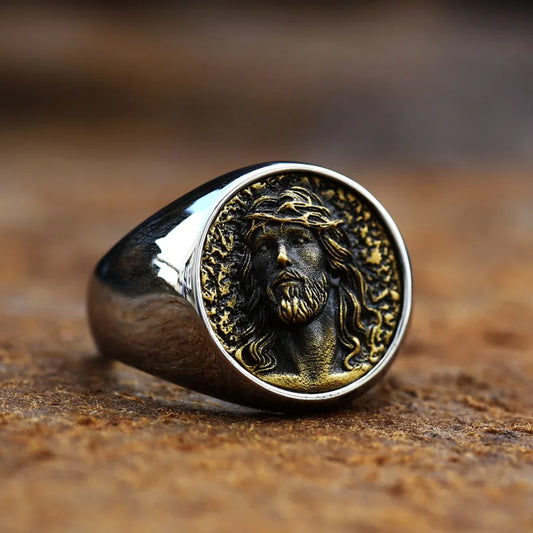 Christian Jesus Ring Mens Crown of Thorns - Stainless Steel Silver & Gold - Unisex