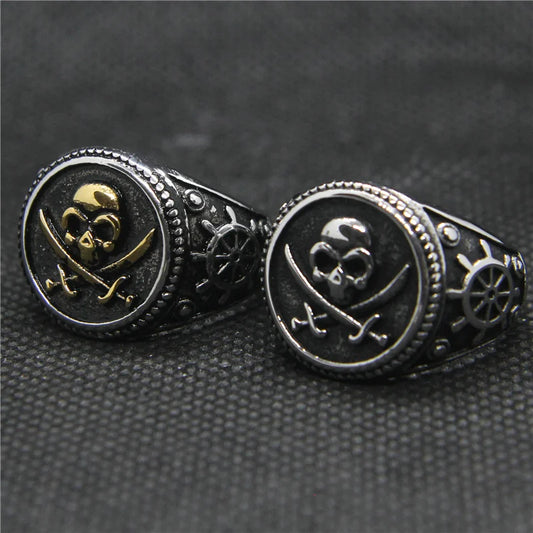 Skull & Crossbones Pirate Ring Mens - Stainless Steel Silver & Gold - Unisex