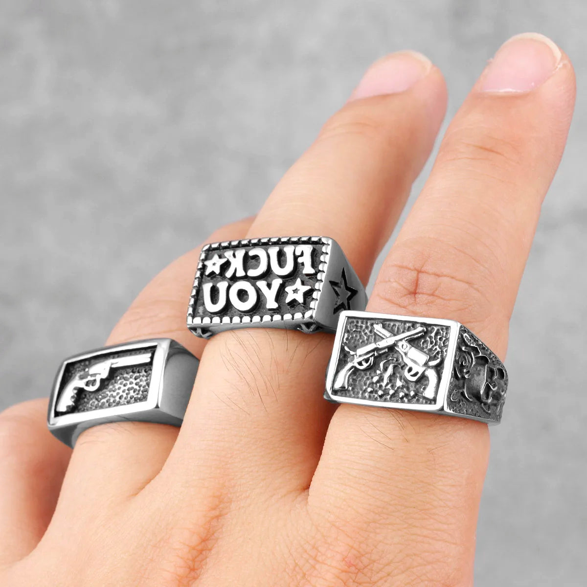 Revolver Gun Cowboy Ring Mens - Stainless Steel Silver - Unisex