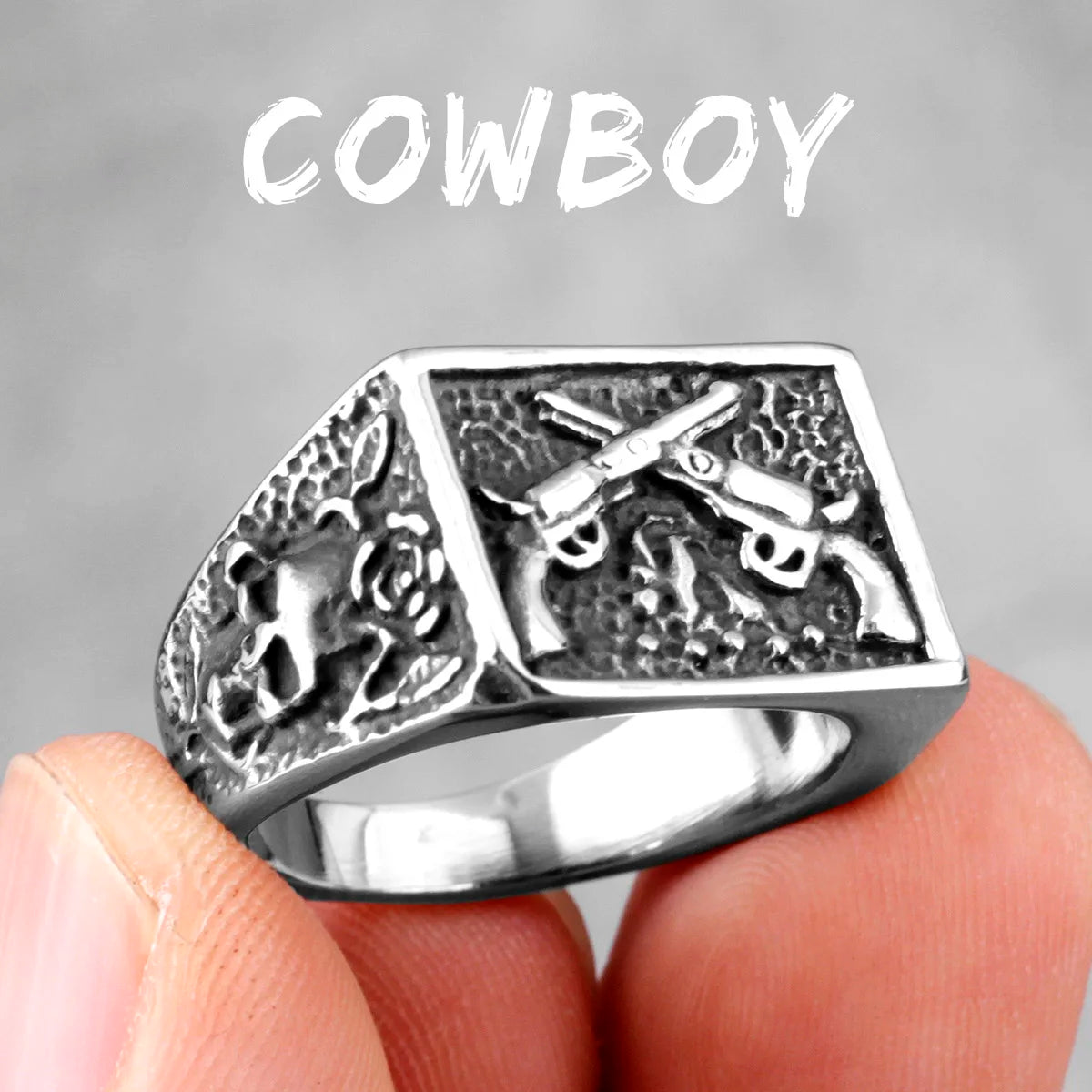 Revolver Gun Cowboy Ring Mens - Stainless Steel Silver - Unisex