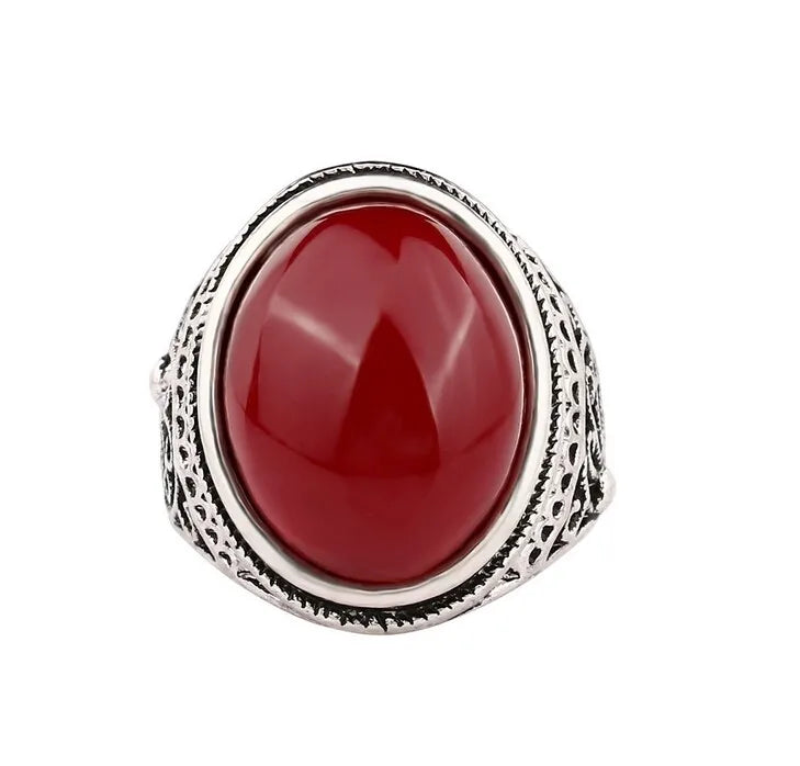 Red Onyx Round Mens Gemstone Ring - Silver - Unisex