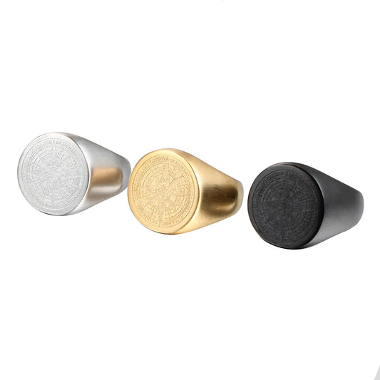 Compass Mens Gold Signet Ring - Stainless Steel Silver, Gold & Black - Unisex