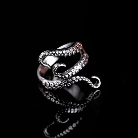 Octopus Tentacle Mens Ring - Titanium Steel Silver - Unisex - Adjustable