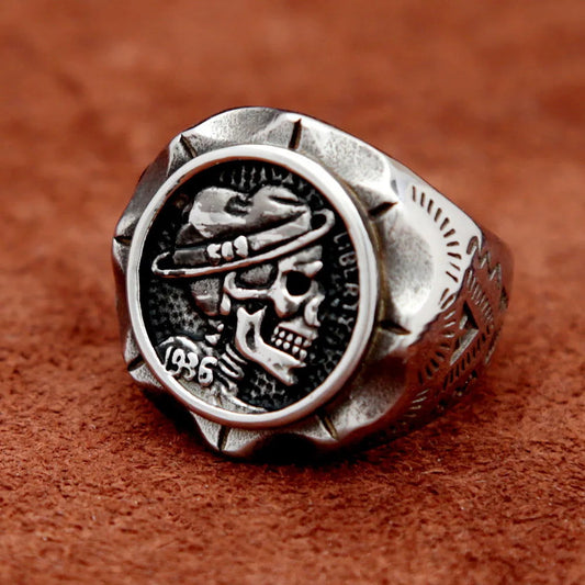 Hobo Nickel Liberty Skull Americana Mens Signet Ring - Stainless Steel Silver - Unisex - That Rock Aesthetic