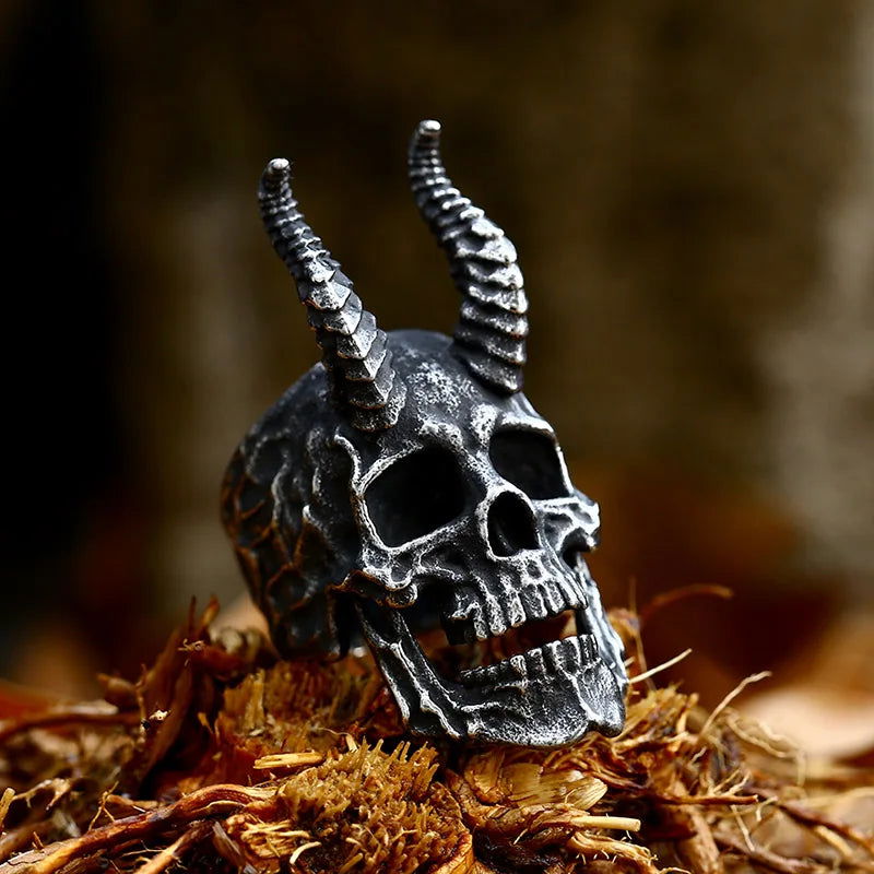 Horned Satanic Skull Ring Mens - Stainless Steel Silver - Unisex - That Rock Aesthetic